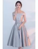 Silver Satin Off Shouler Tea Length Homecoming Dress with Appliques