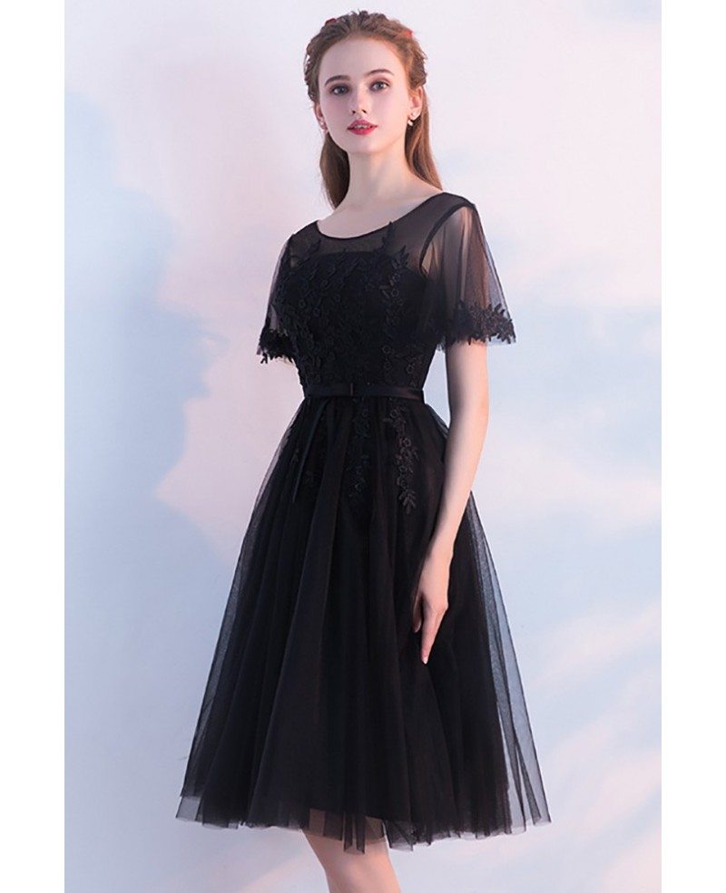 Modest Illusion Round Neck Black Homecoming Dress Knee Length with ...