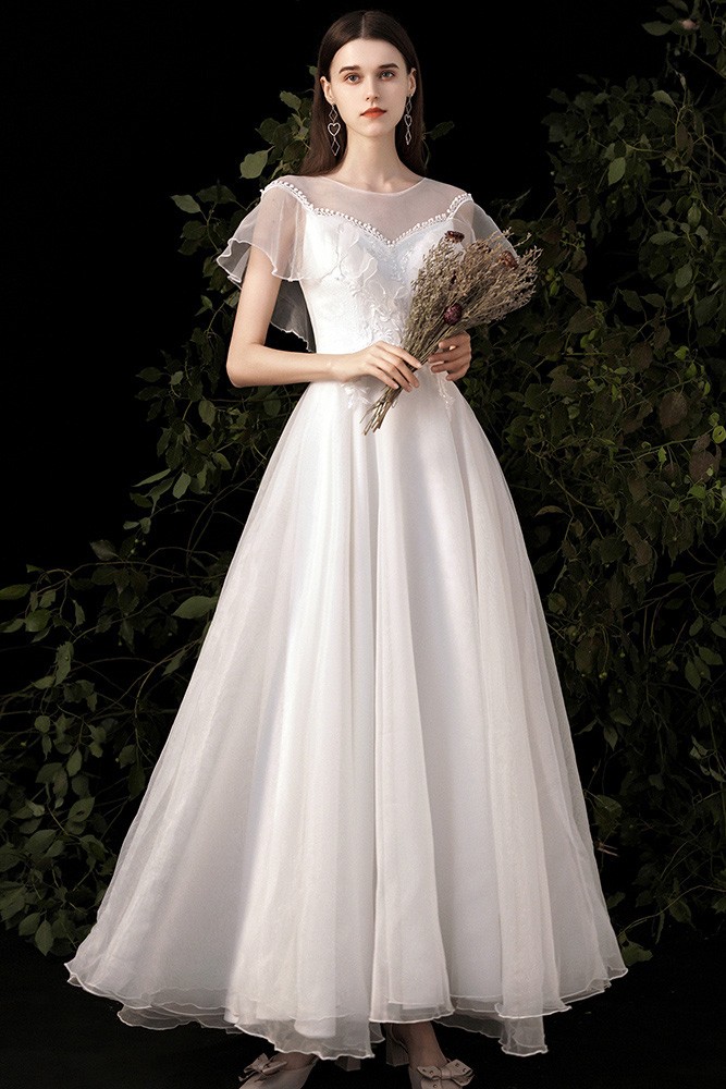 Elegant Sheer Neckline Organza Wedding Dress with Appliques Ruffles ...