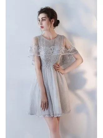 Modest Grey Lace Short Homecoming Dress with Beaded Lace