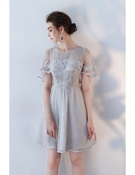Modest Grey Lace Short Homecoming Dress with Beaded Lace
