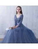 Elegant Vneck Flowy Tulle Long Prom Dress 3/4 Sleeved with Appliques