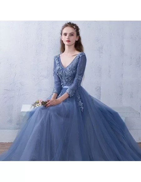 Elegant Vneck Flowy Tulle Long Prom Dress 3/4 Sleeved with Appliques