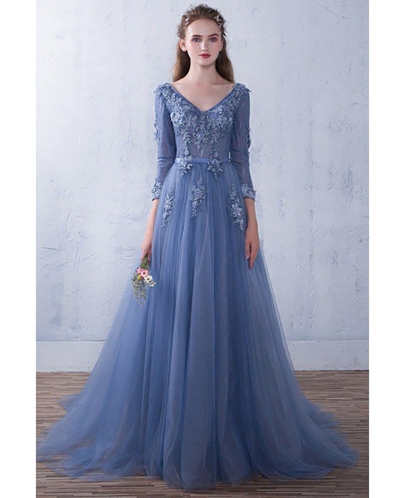 Elegant Vneck Flowy Tulle Long Prom Dress 3/4 Sleeved with Appliques ...