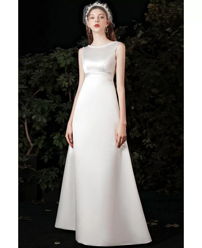 Simple Satin Empire Lace Neckline Wedding Dress Sleeveless G78010 ...