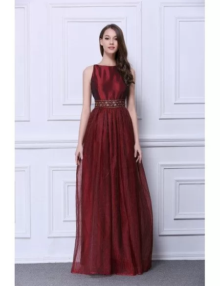 Elegant A-Line Scoop Neck Tulle Long Wedding Guest Dress With Beading