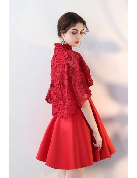 Red Short Formal Party Dress Flowers with Dolman Sleeves Collar