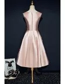 Pink Satin Tea Length Formal Party Dress Sleeveless with Appliques