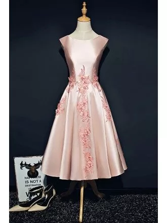 Pink Satin Tea Length Formal Party Dress Sleeveless with Appliques