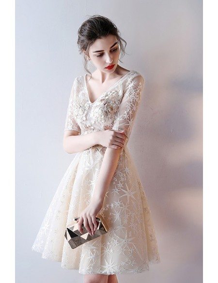 Gorgeous Vneck Champagne Lace Short Homecoming Dress with Short Sleeves