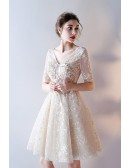 Gorgeous Vneck Champagne Lace Short Homecoming Dress with Short Sleeves