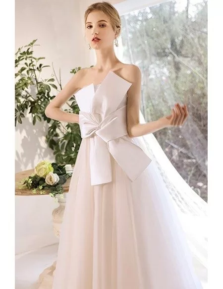 Simple Elegant Big Bow Knot Wedding Dress Strapless with Laceup