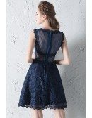 Navy Blue Lace Aline Homecoming Dress with Sheer Waist
