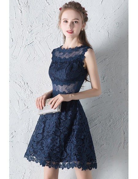 Navy Blue Lace Aline Homecoming Dress with Sheer Waist