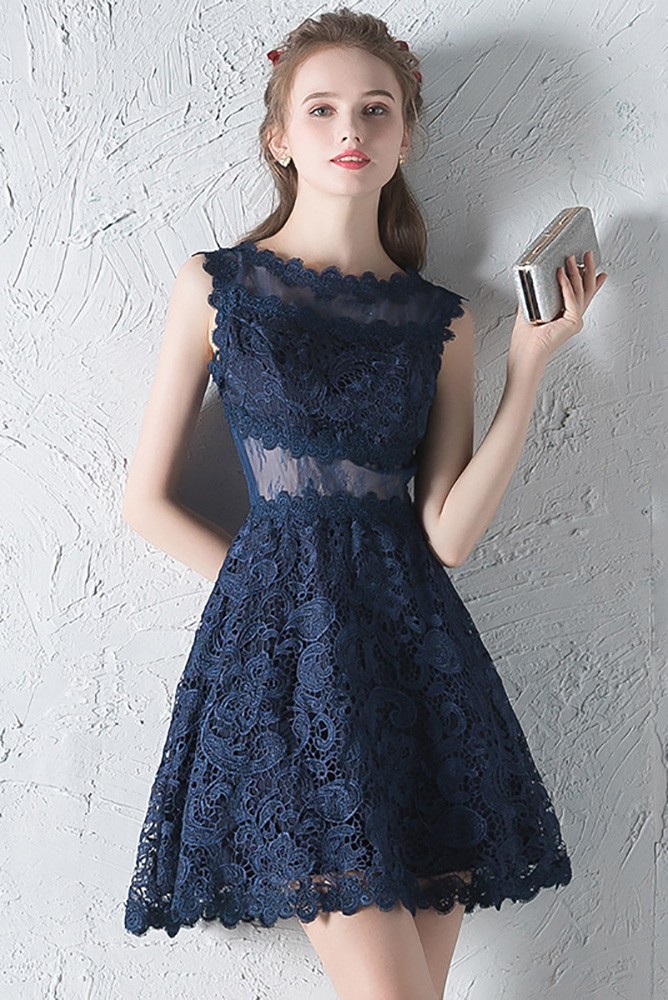 Navy Blue Lace Aline Homecoming Dress with Sheer Waist G79041 - GemGrace.com