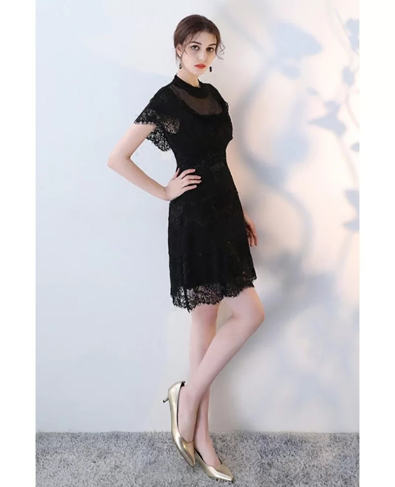 Little Black Lace Tulle Homecoming Party Dress with Illusion Neckline ...