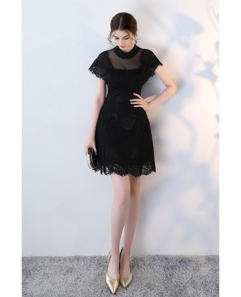 Little Black Lace Tulle Homecoming Party Dress with Illusion Neckline ...