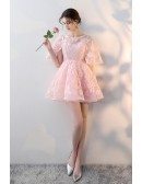 Cute Pink Flowers Lace Flare Mini Homecoming Dress with Sleeves