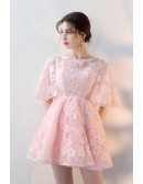 Cute Pink Flowers Lace Flare Mini Homecoming Dress with Sleeves