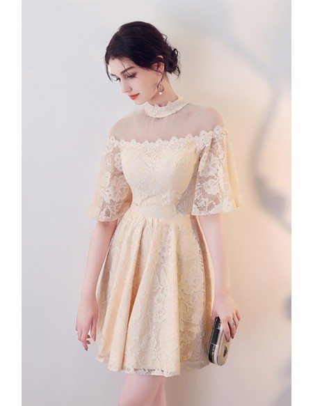 Modest Champagne Lace Short Homecoming Dress Sleeved with Illusion Neckline