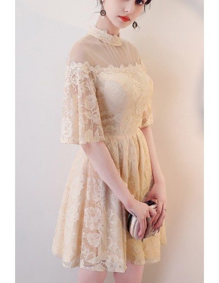 Modest Champagne Lace Short Homecoming Dress Sleeved with Illusion Neckline