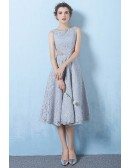 Blue Tea Length Lace Homecoming Party Dress with Cutout Beaded Neckline