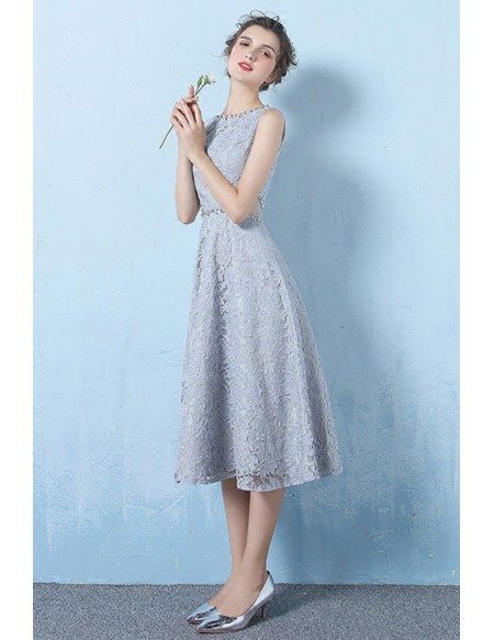 Blue Tea Length Lace Homecoming Party Dress with Cutout Beaded Neckline