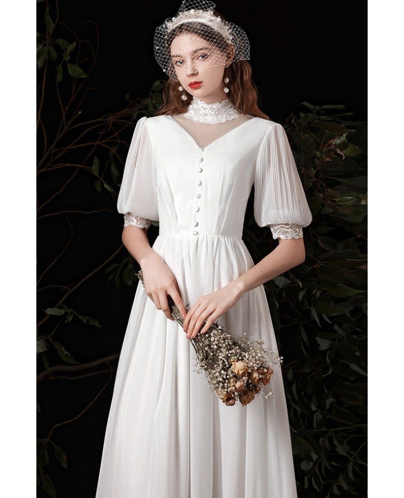 Vintage Lace High Collar Long Wedding Dress with Bubble Sleeves G78007 ...