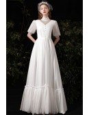 Vintage Lace High Collar Long Wedding Dress with Bubble Sleeves