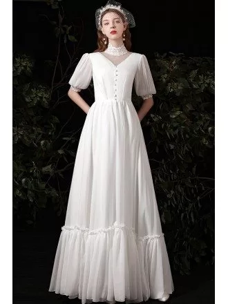 Vintage Lace High Collar Long Wedding Dress with Bubble Sleeves
