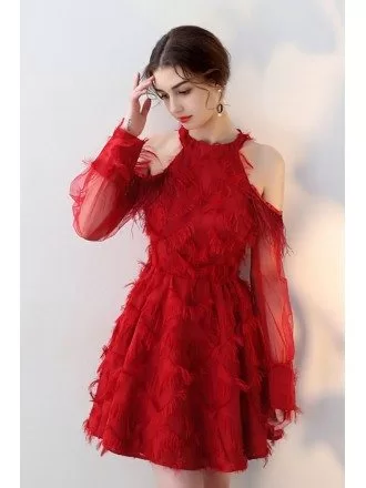 Lovely Red Cold Shoulder Homecoming Dress with Sheer Long Sleeves