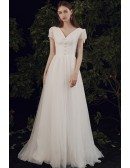 Flowy Long Tulle Vneck Wedding Dress with Illusion Open Back