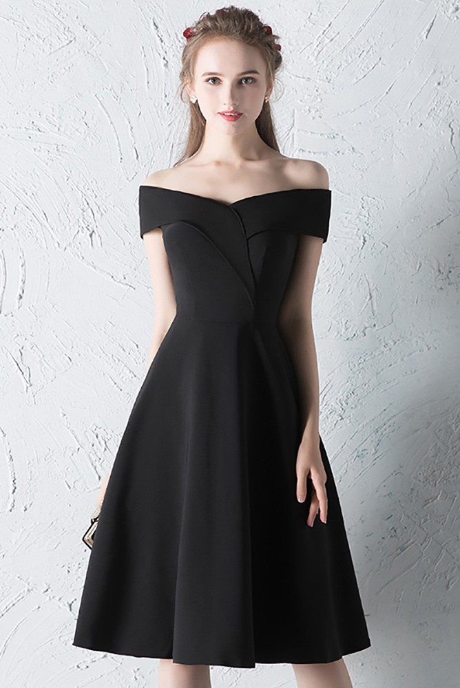 Simple Off Shoulder Little Black Dress Knee Length G79040 - GemGrace.com