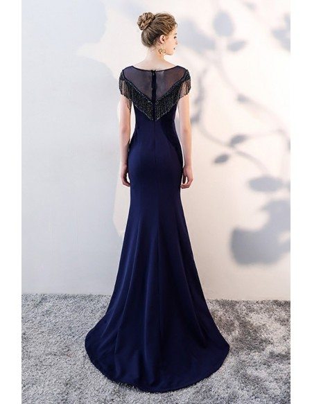 Navy Blue Slim Long Evening Prom Dress with Sheer Neck Tassel