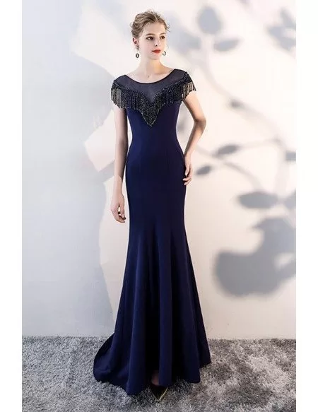 Navy Blue Slim Long Evening Prom Dress with Sheer Neck Tassel