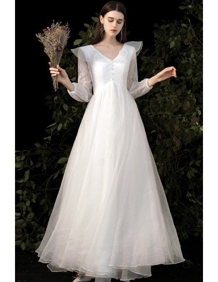 Fairytale Empire Wedding Dress Vneck with Ruffled Lace Long Sleeves