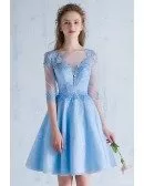 Blue Lace Short Homecoming Prom Dress with Sheer Half Sleeves