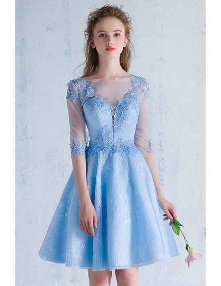 Blue Lace Short Homecoming Prom Dress with Sheer Half Sleeves