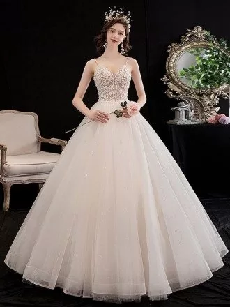 Gorgeous Vneck Lace Ballgown Cute Wedding Dress with Bling Spaghetti Straps