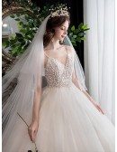 Gorgeous Vneck Lace Ballgown Cute Wedding Dress with Bling Spaghetti Straps