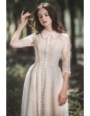 Retro Chic Lace Tea Length Casual Wedding Dress with 3/4 Sleeves