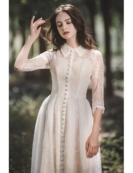 Retro Chic Lace Tea Length Casual Wedding Dress with 3/4 Sleeves