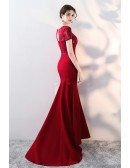 Burgundy Fitted Side Split Evening Dress with Illusion Short Sleeves
