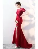 Burgundy Fitted Side Split Evening Dress with Illusion Short Sleeves