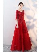 Red Sequined Lace Formal Long Dress Vneck with Half Sleeves