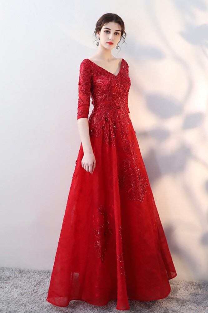 Red Sequined Lace Formal Long Dress Vneck with Half Sleeves G80036 ...