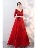Red Sequined Lace Formal Long Dress Vneck with Half Sleeves