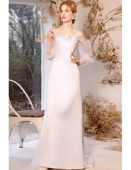 Simple Satin Elegant Wedding Dress with Cold Shoulder Sleeves