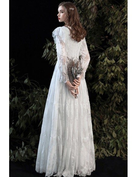 Romantic Boho Lace Empire Wedding Dress Vneck with Lace Long Sleeves