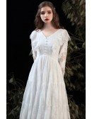 Romantic Boho Lace Empire Wedding Dress Vneck with Lace Long Sleeves